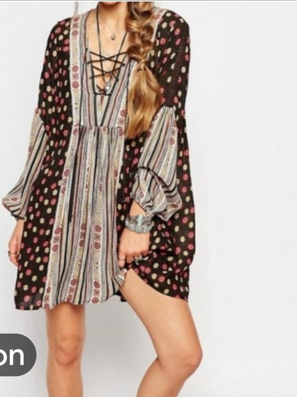 Free People Boho Floral Stripe Babydoll Dress in Dark Brown with Pink Accents